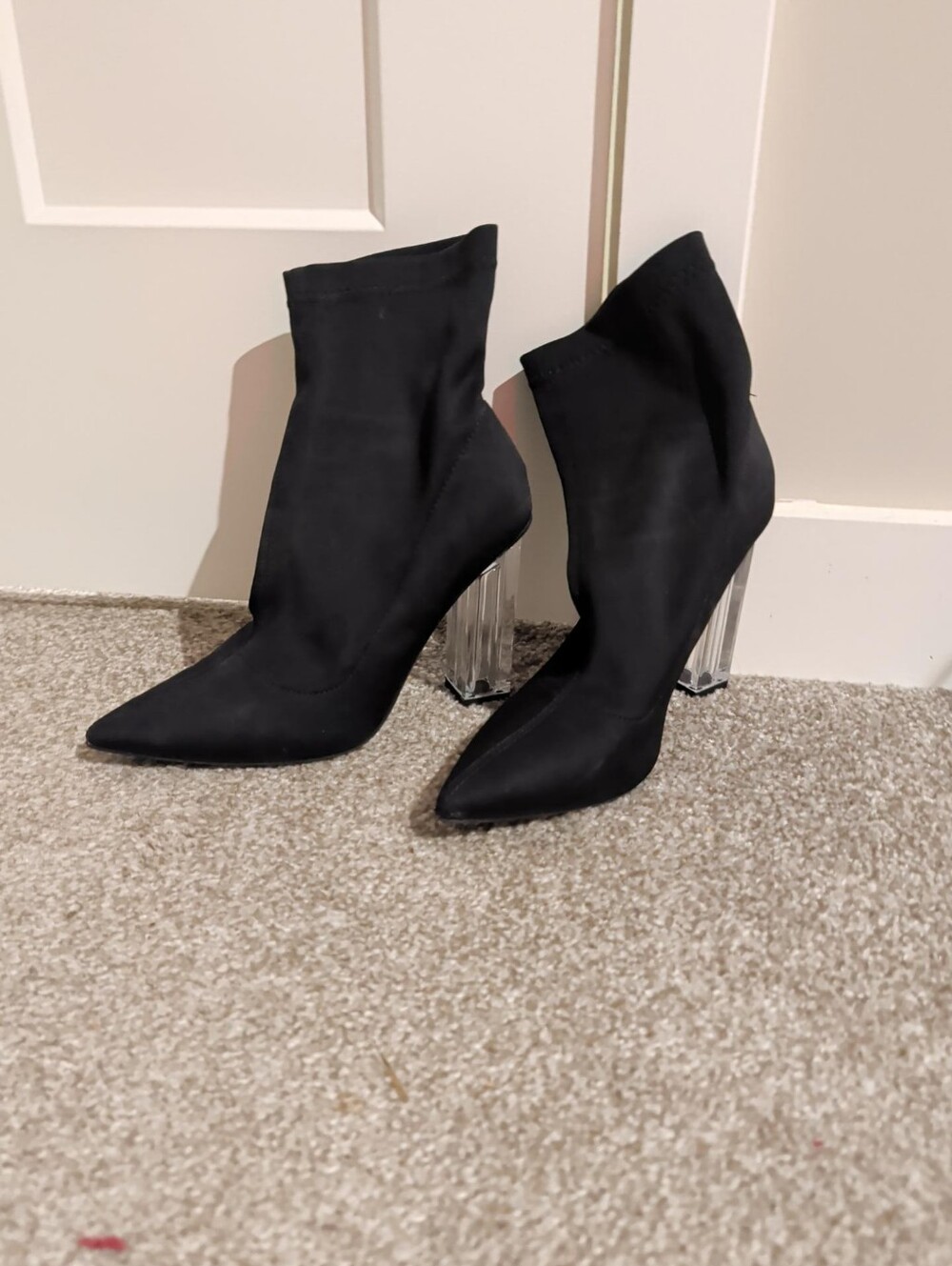 Black Sock Booties with Clear Block Heel - Women